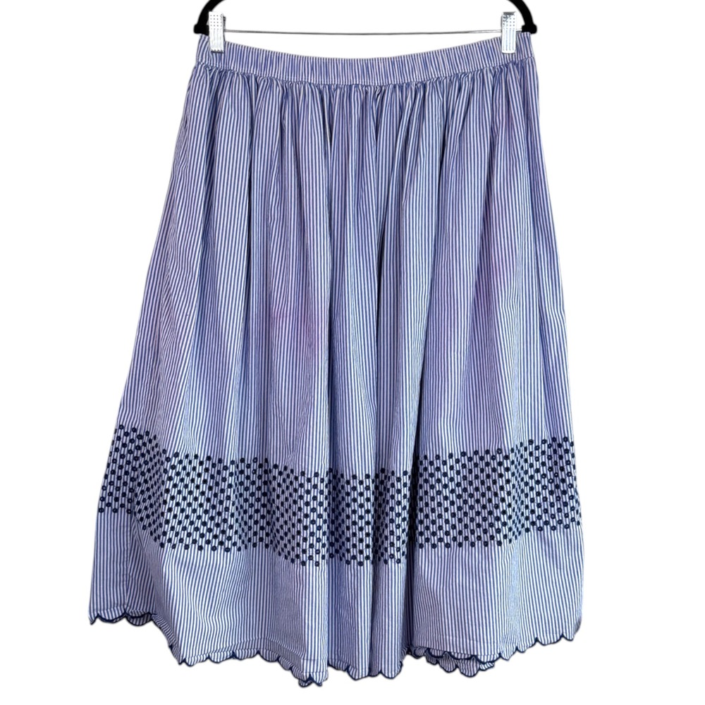 J Crew Womens Striped Embroidered Midi Skirt Sz L Blue White Coastal Cottage - Picture 3 of 8